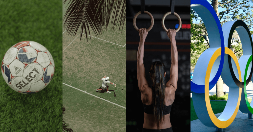 Collage con un balón de fútbol, una tenista, una gimnasta y los aros olímpicos, que representan varios deportes y el espíritu de las Olimpiadas.