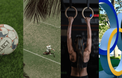 Collage con un balón de fútbol, una tenista, una gimnasta y los aros olímpicos, que representan varios deportes y el espíritu de las Olimpiadas.